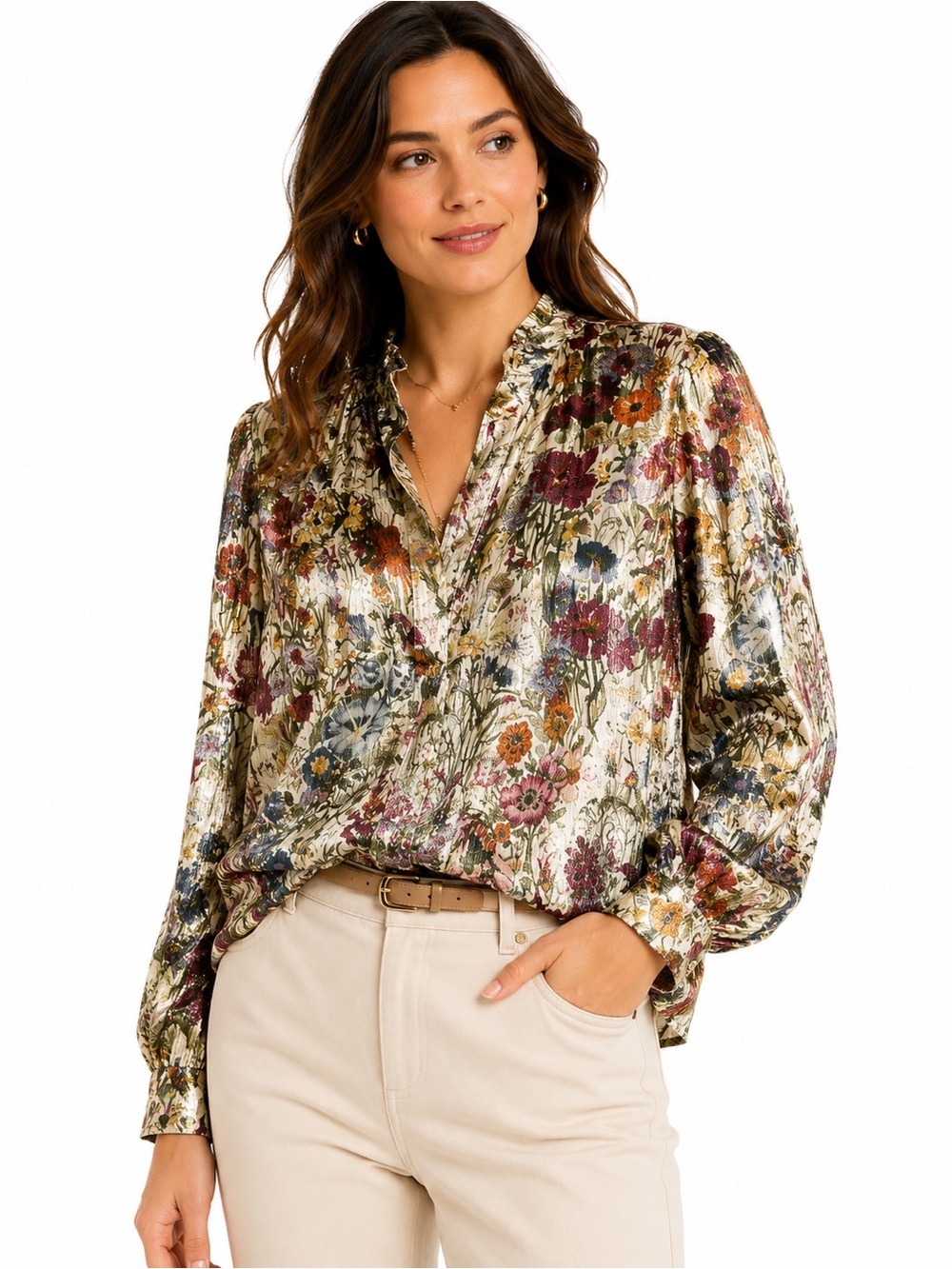 NWT Tory Burch Silk Metallic Floral Blouse Ivory Gold Size 4